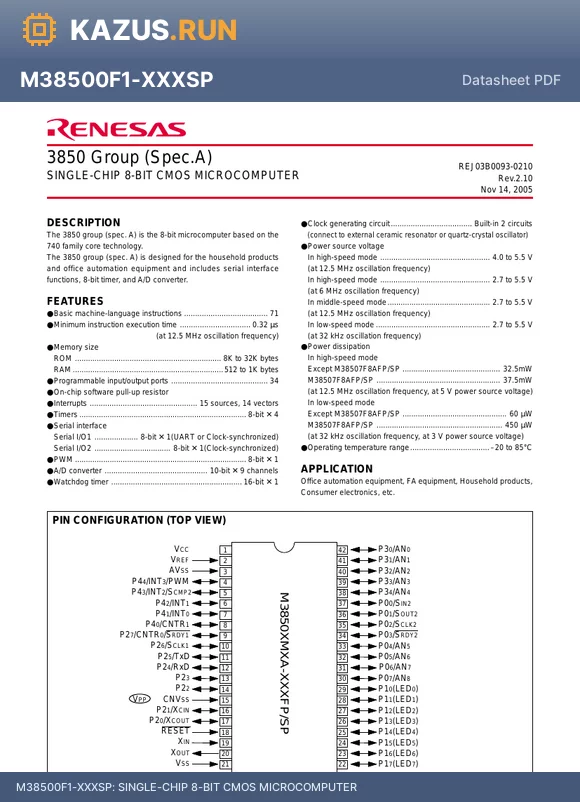 M38500F5A-XXXFP datasheet - SINGLE-CHIP 8-BIT CMOS MICROCOMPUTER