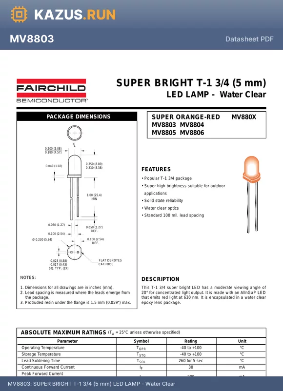 MV8803 datasheet - SUPER BRIGHT T-1 3/4 (5 mm) LED LAMP - Water Clear