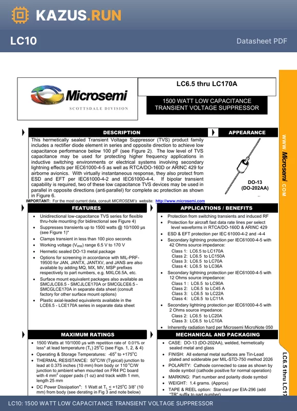 LC75 datasheet - 1500 WATT LOW CAPACITANCE TRANSIENT VOLTAGE SUPPRESSOR