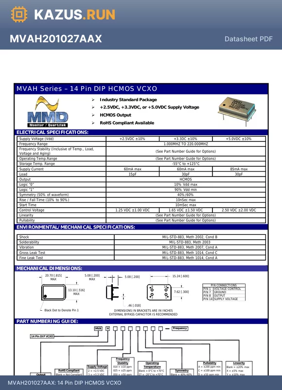 MVAH3025ACY datasheet - 14 Pin DIP HCMOS VCXO
