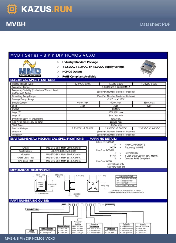 MVBH3010AA datasheet - 8 Pin DIP HCMOS VCXO