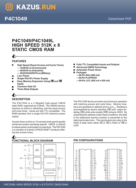 P4C1049L-15L36MB datasheet - HIGH SPEED 512K x 8 STATIC CMOS RAM