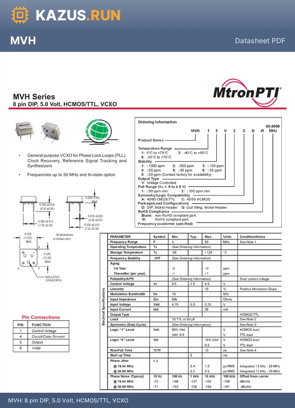 MVH13V2AD-R datasheet - 8 pin DIP, 5.0 Volt, HCMOS/TTL, VCXO