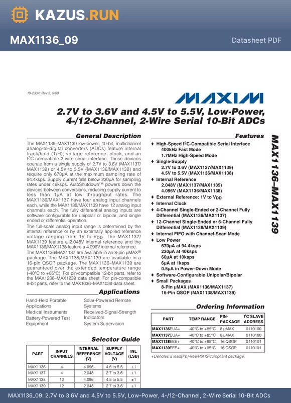 MAX1139 datasheet - 2.7V to 3.6V and 4.5V to 5.5V, Low-Power, 4-/12-Channel, 2-Wire Serial 10-Bit ADCs