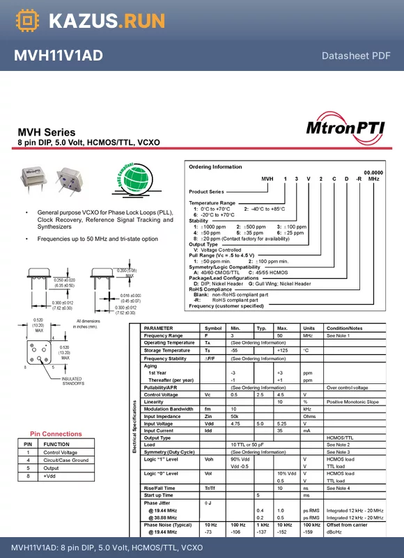 MVH21V1CG datasheet - 8 pin DIP, 5.0 Volt, HCMOS/TTL, VCXO