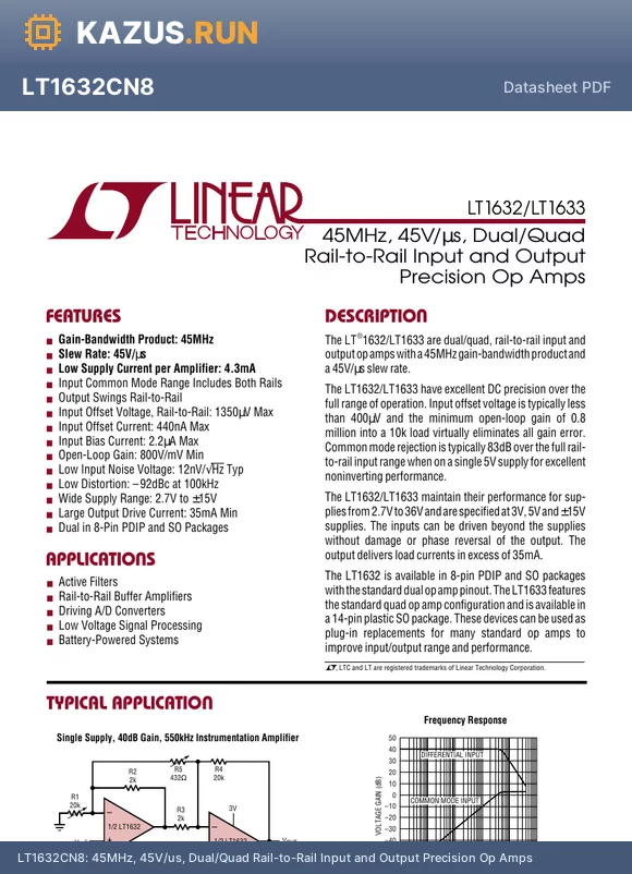 LT1632CN8 datasheet - 45MHz, 45V/us, Dual/Quad Rail-to-Rail Input and Output Precision Op Amps