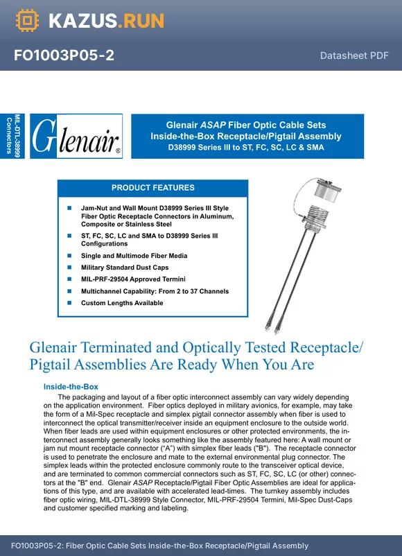 FO1003S06-4 datasheet - Fiber Optic Cable Sets Inside-the-Box Receptacle/Pigtail Assembly