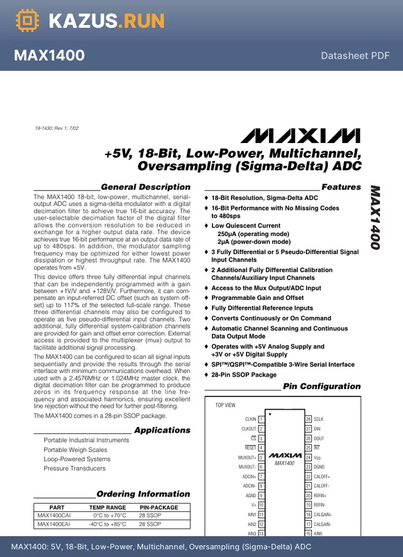 MAX1400 datasheet - 5V, 18-Bit, Low-Power, Multichannel, Oversampling (Sigma-Delta) ADC