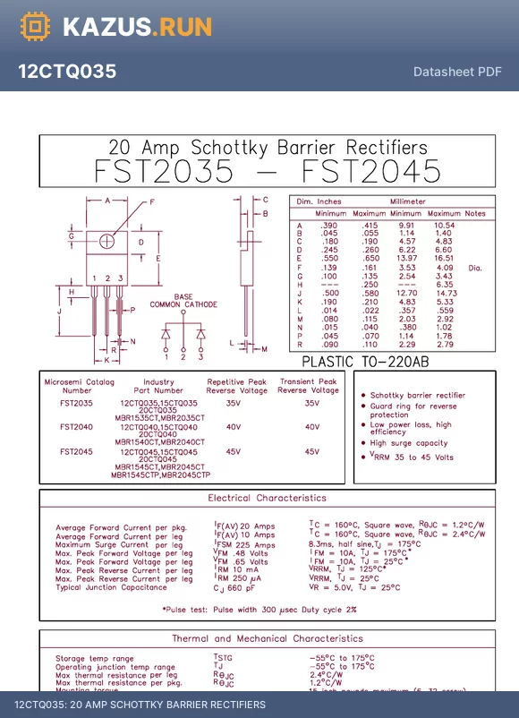 MVR2045CT datasheet - 20 AMP SCHOTTKY BARRIER RECTIFIERS
