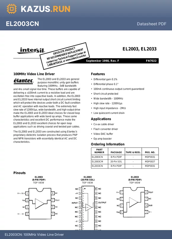 EL2003CN datasheet - 100MHz Video Line Driver