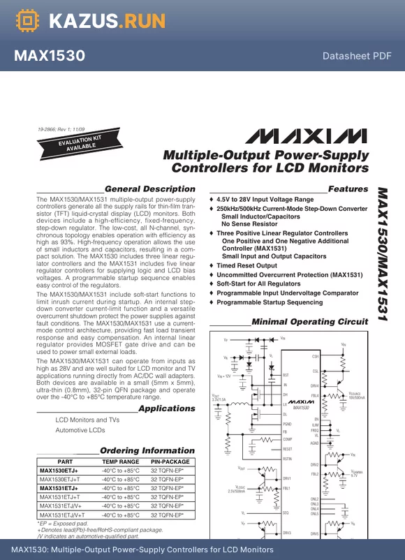 MAX1530ETJ+ datasheet - Multiple-Output Power-Supply Controllers for LCD Monitors