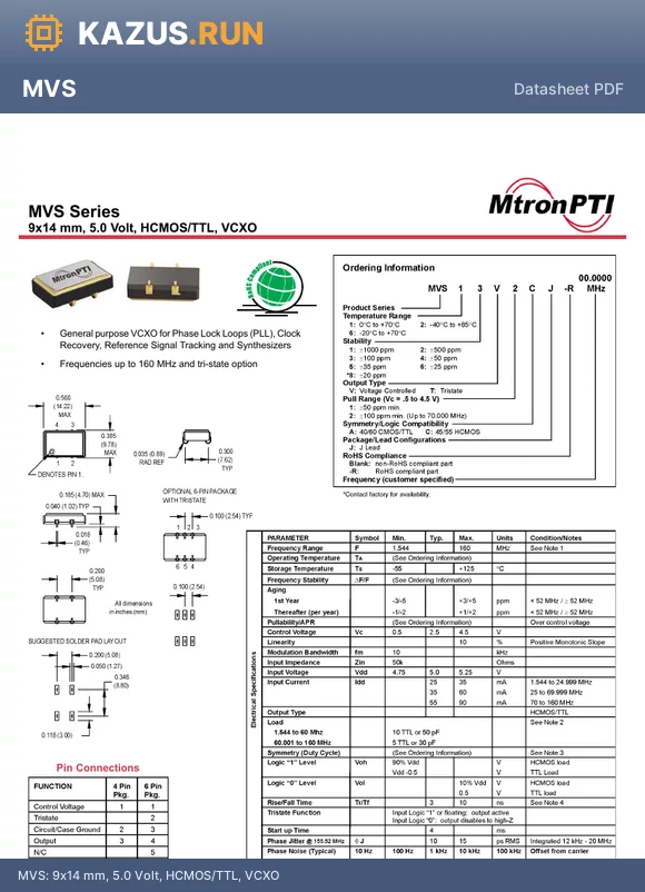 MVS16V2CJ datasheet - 9x14 mm, 5.0 Volt, HCMOS/TTL, VCXO