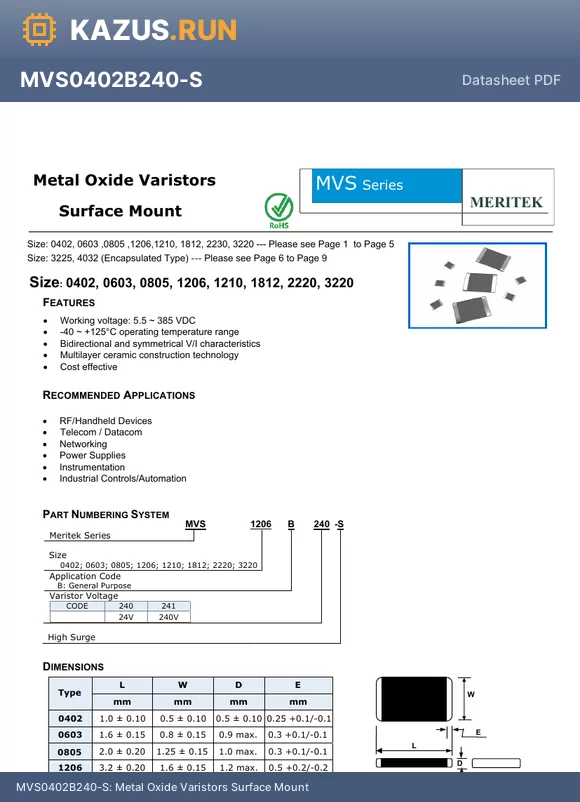 MVS1812B241-S datasheet - Metal Oxide Varistors Surface Mount