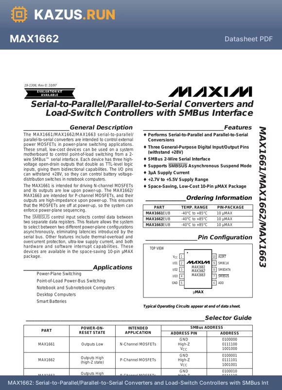 MAX1663 datasheet - Serial-to-Parallel/Parallel-to-Serial Converters and Load-Switch Controllers with SMBus Interface