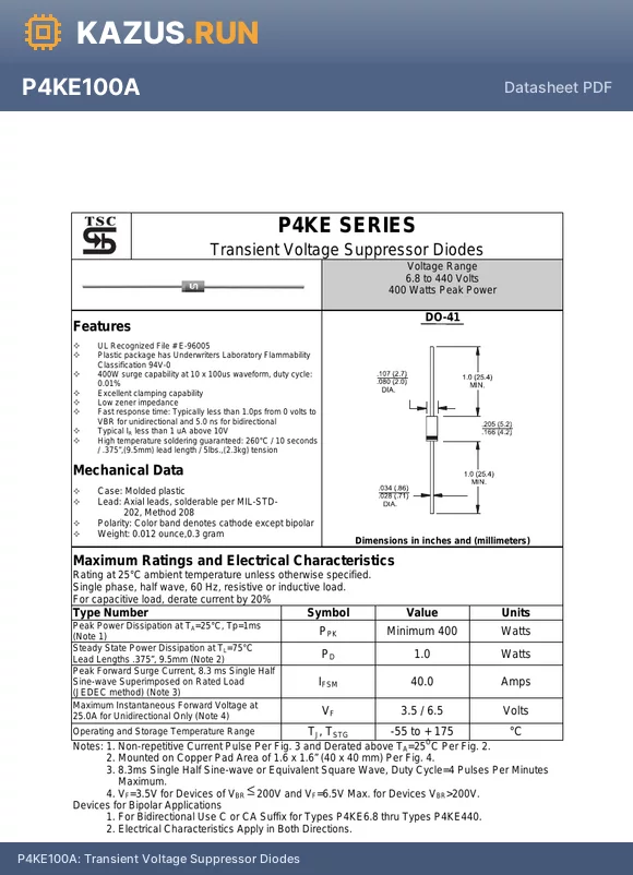 P4KE110 datasheet - Transient Voltage Suppressor Diodes