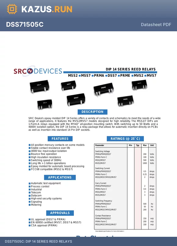 MVS72A24B datasheet - DIP 14 SERIES REED RELAYS