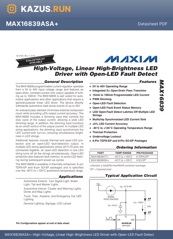 MAX16839ATT+ datasheet - High-Voltage, Linear High-Brightness LED Driver with Open-LED Fault Detect