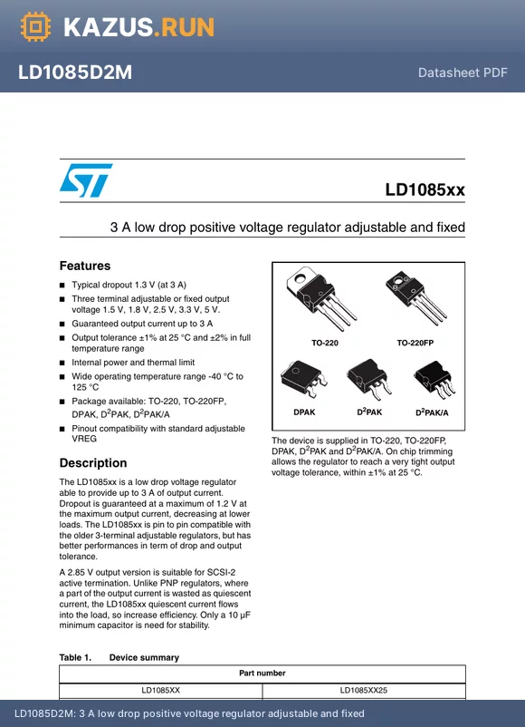 LD1085D2M-R datasheet - 3 A low drop positive voltage regulator adjustable and fixed