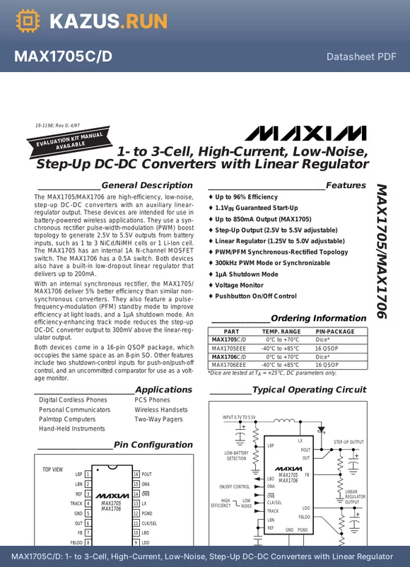MAX1705C/D datasheet - 1- to 3-Cell, High-Current, Low-Noise, Step-Up DC-DC Converters with Linear Regulator