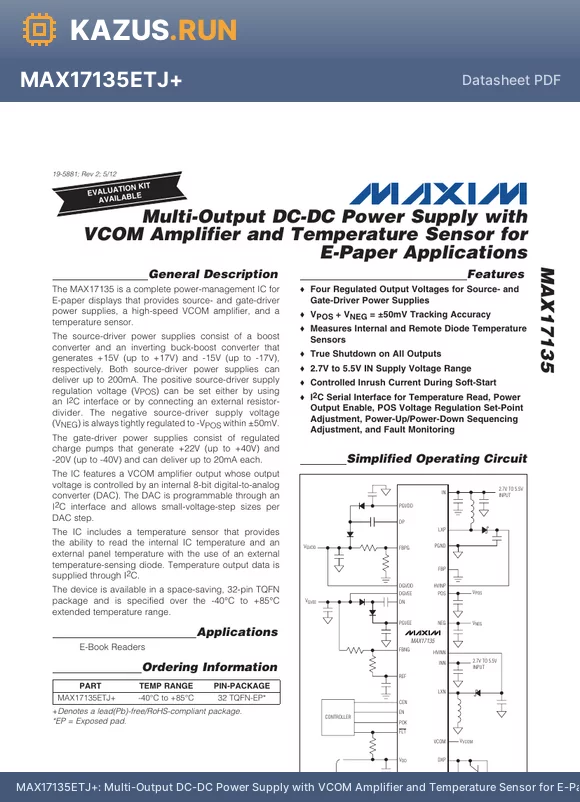 MAX17135_1205 datasheet - Multi-Output DC-DC Power Supply with VCOM Amplifier and Temperature Sensor for E-Paper Applications