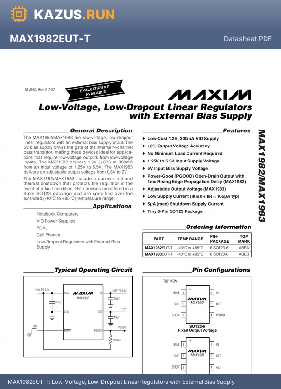 MAX1982 datasheet - Low-Voltage, Low-Dropout Linear Regulators with External Bias Supply