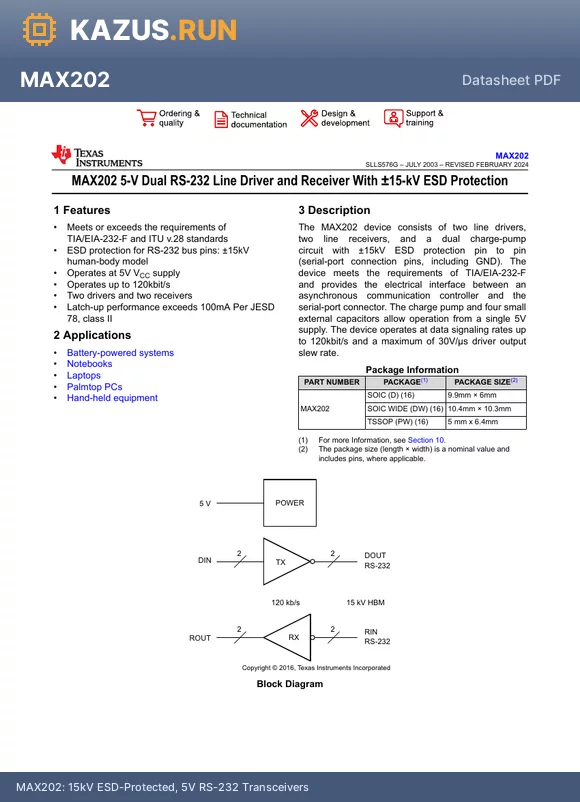 MAX202 datasheet - 15kV ESD-Protected, 5V RS-232 Transceivers