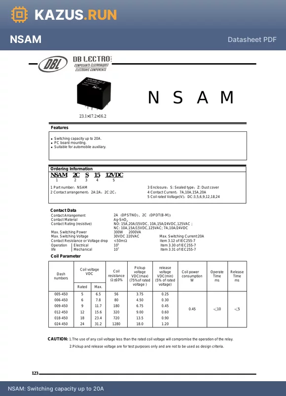 NSAM2CS159VDC datasheet - Switching capacity up to 20A