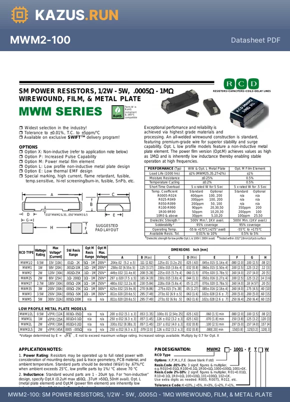 MWM2-R012 datasheet - SM POWER RESISTORS, 1/2W - 5W, .0005Y - 1MY WIREWOUND, FILM, & METAL PLATE