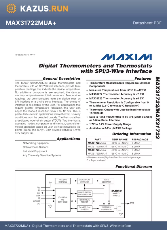 MAX31722MUA+T datasheet - Digital Thermometers and Thermostats with SPI/3-Wire Interface