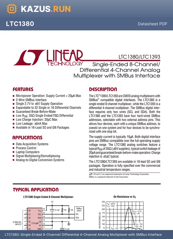 LTC1380CGN datasheet - Single-Ended 8-Channel/ Differential 4-Channel Analog Multiplexer with SMBus Interface