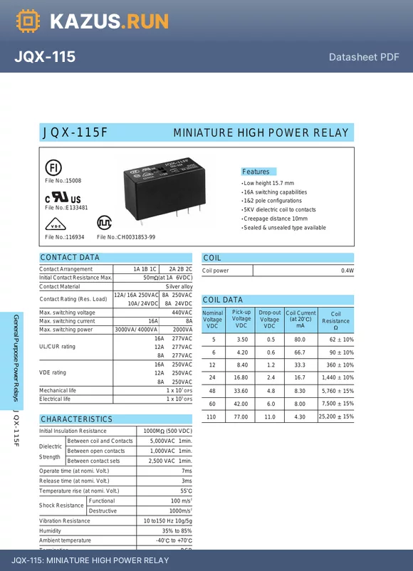 JQX-115F/1101HS1 datasheet - MINIATURE HIGH POWER RELAY