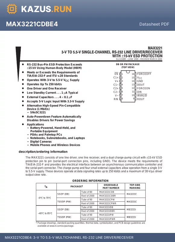 MAX3221CPWRE4 datasheet - 3-V TO 5.5-V MULTICHANNEL RS-232 LINE DRIVER/RECEIVER