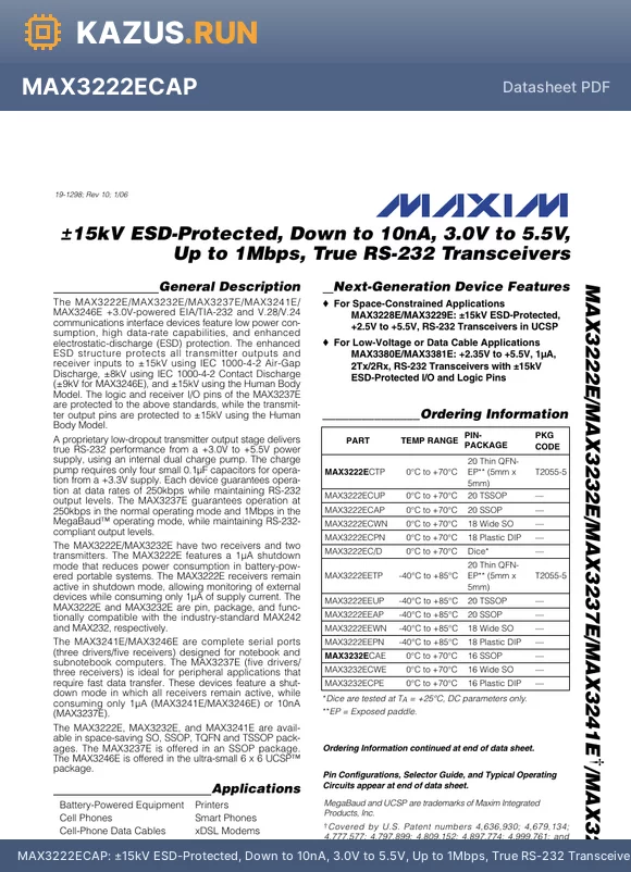 MAX3222EEAP datasheet - a15kV ESD-Protected, Down to 10nA, 3.0V to 5.5V, Up to 1Mbps, True RS-232 Transceivers