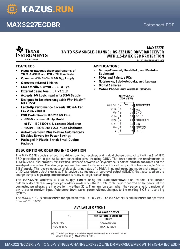 MAX3227EIDBR datasheet - 3-V TO 5.5-V SINGLE-CHANNEL RS-232 LINE DRIVER/RECEIVER WITH a15-kV IEC ESD PROTECTION