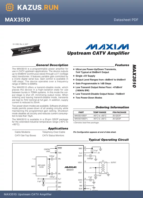 MAX3510_07 datasheet - Upstream CATV Amplifier