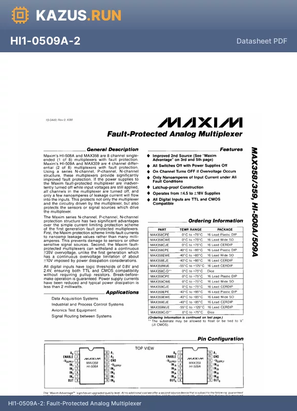 MAX359CWE datasheet - Fault-Protected Analog Multiplexer