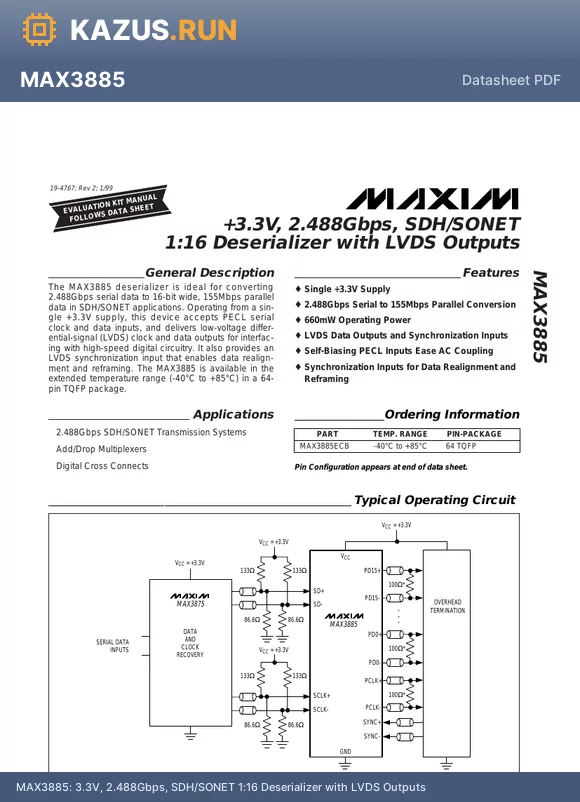 MAX3885 datasheet - 3.3V, 2.488Gbps, SDH/SONET 1:16 Deserializer with LVDS Outputs