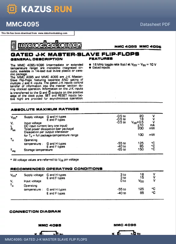 MMC4095 datasheet - GATED J-K MASTER SLAVE FLIP FLOPS