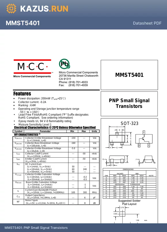 MMST5401 datasheet - PNP Small Signal Transistors