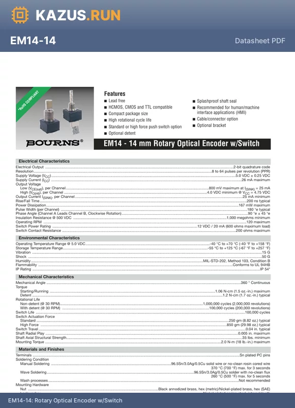 EM14A0D-R25-R032S datasheet - Rotary Optical Encoder w/Switch