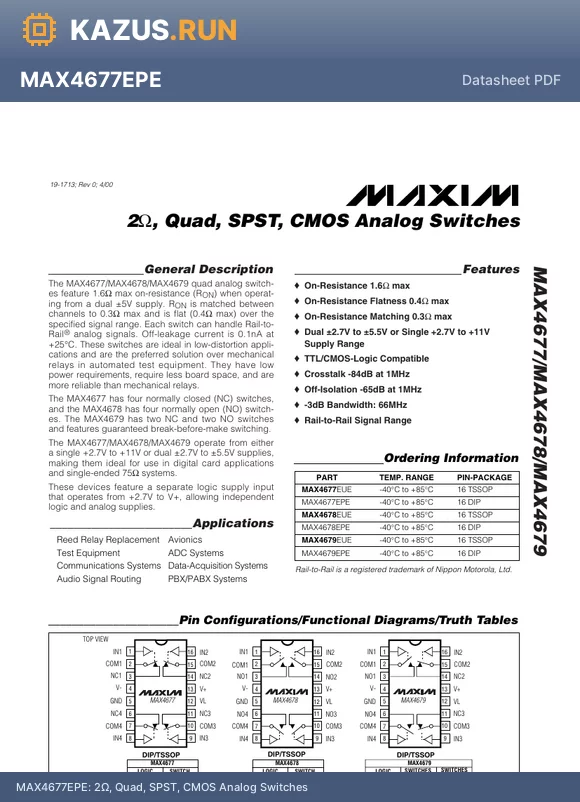 MAX4679 datasheet - 2, Quad, SPST, CMOS Analog Switches