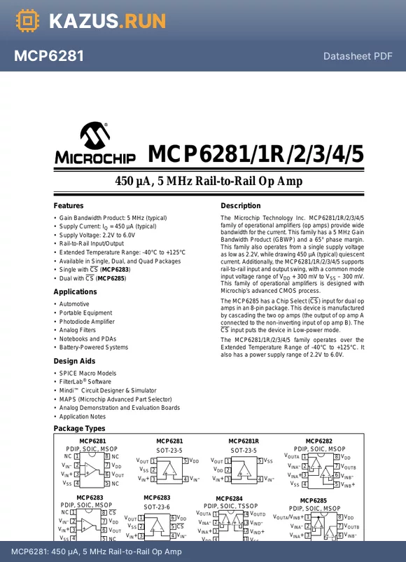 MCP6281T-E/MS datasheet - 450 lA, 5 MHz Rail-to-Rail Op Amp