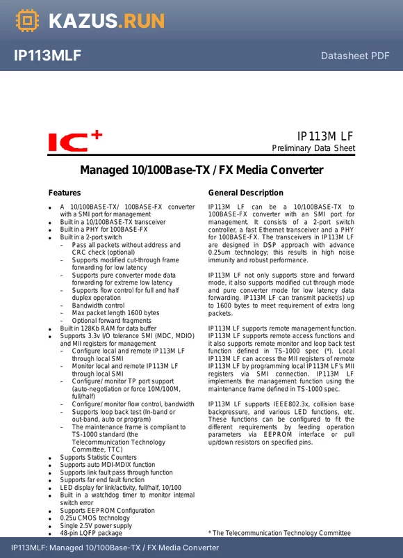 IP113MLF-DS-R02 datasheet - Managed 10/100Base-TX / FX Media Converter