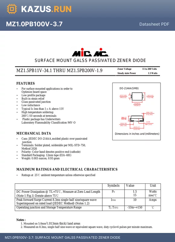 MZ1.0PB75V-5.0 datasheet - SURFACE MOUNT GALSS PASSIVATED ZENER DIODE