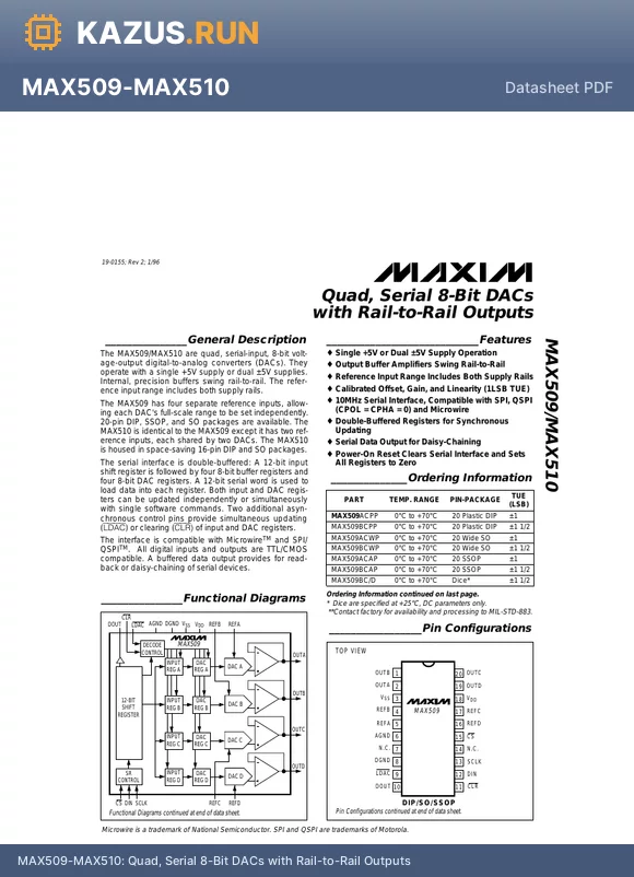 MAX509AEAP datasheet - Quad, Serial 8-Bit DACs with Rail-to-Rail Outputs