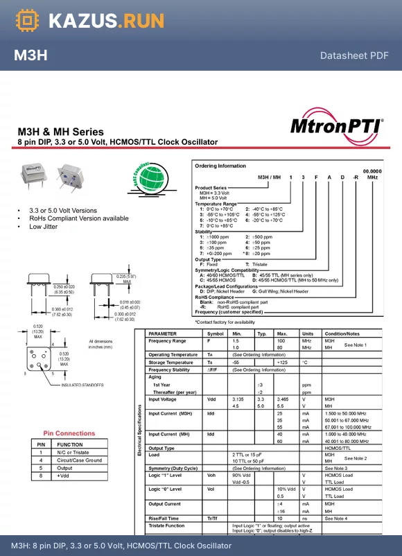 M3H35FAD-R datasheet - 8 pin DIP, 3.3 or 5.0 Volt, HCMOS/TTL Clock Oscillator