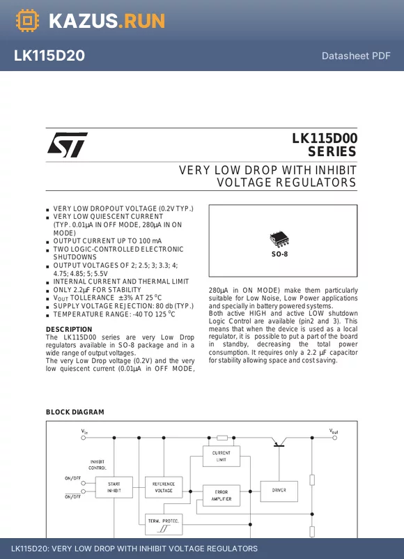 LK115D55 datasheet - VERY LOW DROP WITH INHIBIT VOLTAGE REGULATORS