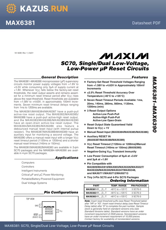 MAX6382XS35D2-T datasheet - SC70, Single/Dual Low-Voltage, Low-Power lP Reset Circuits
