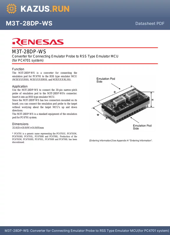 M3T-28DP-WS datasheet - Converter for Connecting Emulator Probe to RSS Type Emulator MCU(for PC4701 system)
