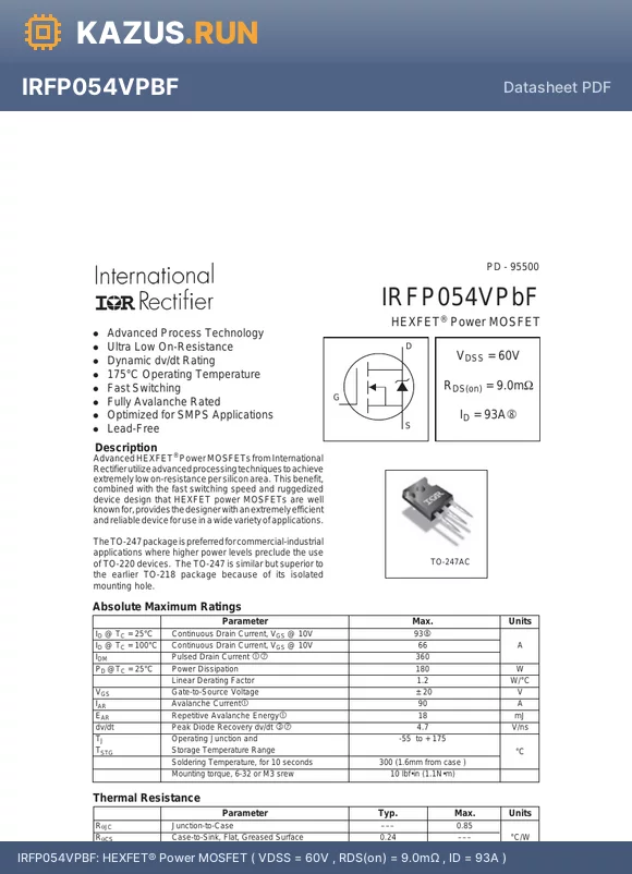 IRFP054VPBF datasheet - HEXFET^ Power MOSFET ( VDSS = 60V , RDS(on) = 9.0mY , ID = 93A )